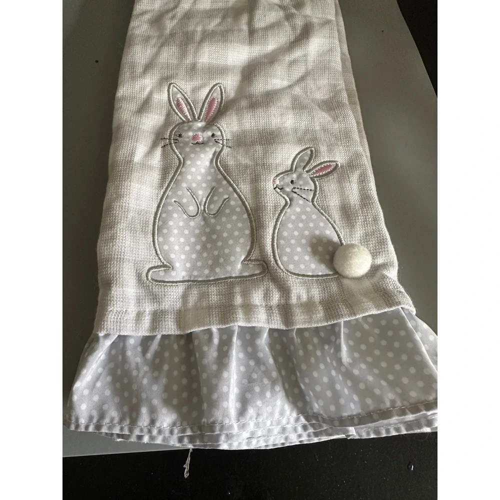 Shabby Chic Set of 2 Kitchen Towels Gray White Bunny Rabbit Ruffle Cotton Bamboo